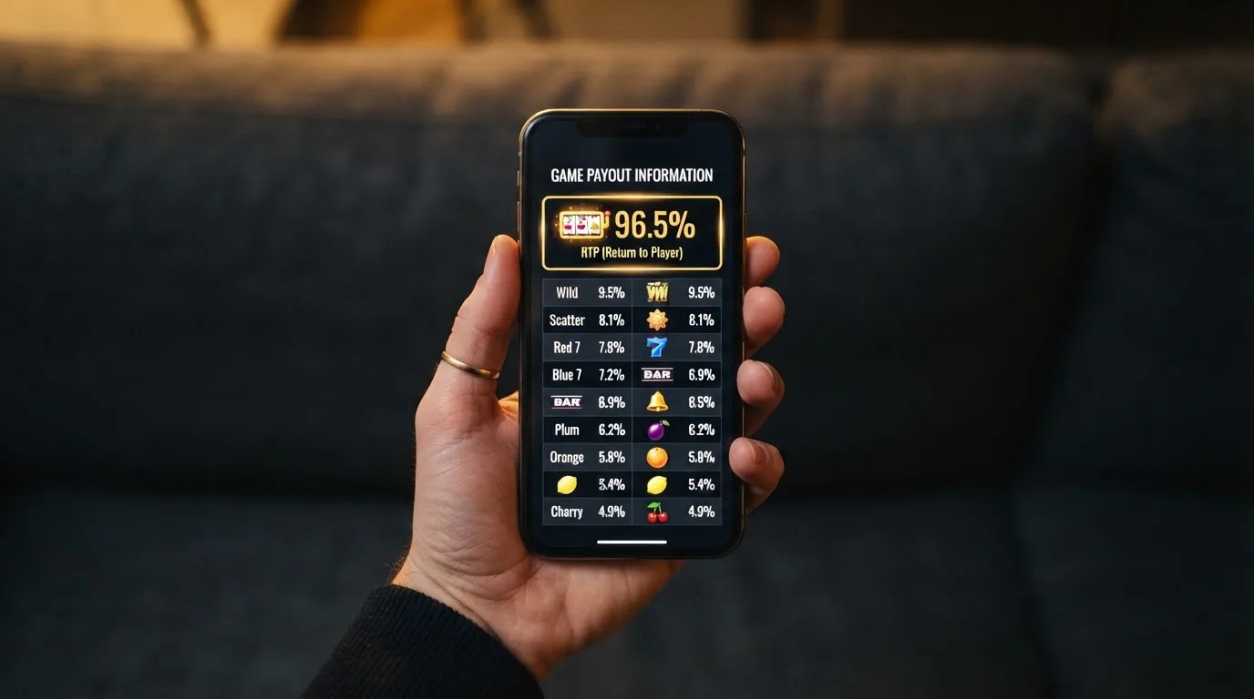 ekran automatu online z otwartą tabelą wypłat pokazującą wartość procentową RTP