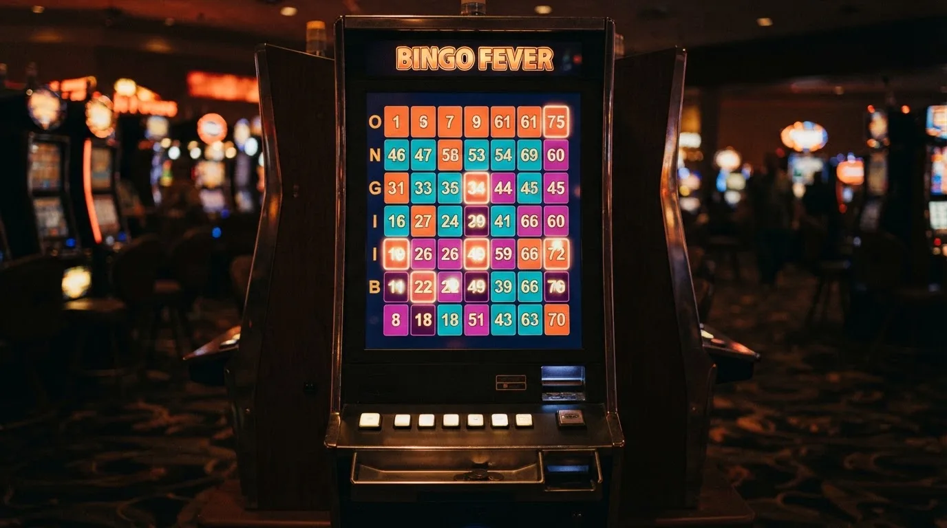 Ekran automatu do gry z kolorową planszą w stylu bingo i podświetlonymi liczbami