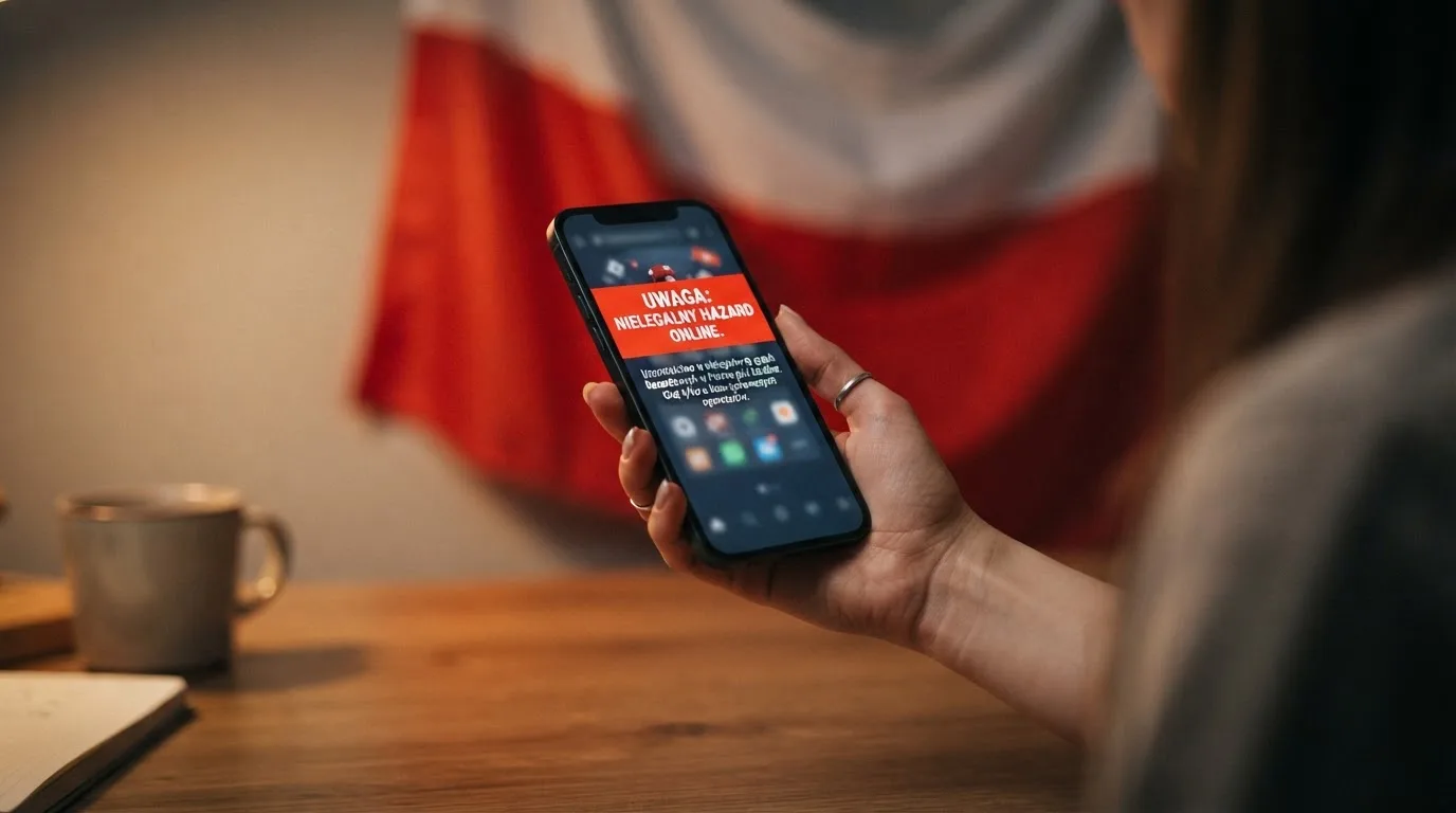 Dłoń trzymająca telefon z widocznym komunikatem ostrzegawczym o legalności hazardu online na tle biało-czerwonej flagi Polski.
