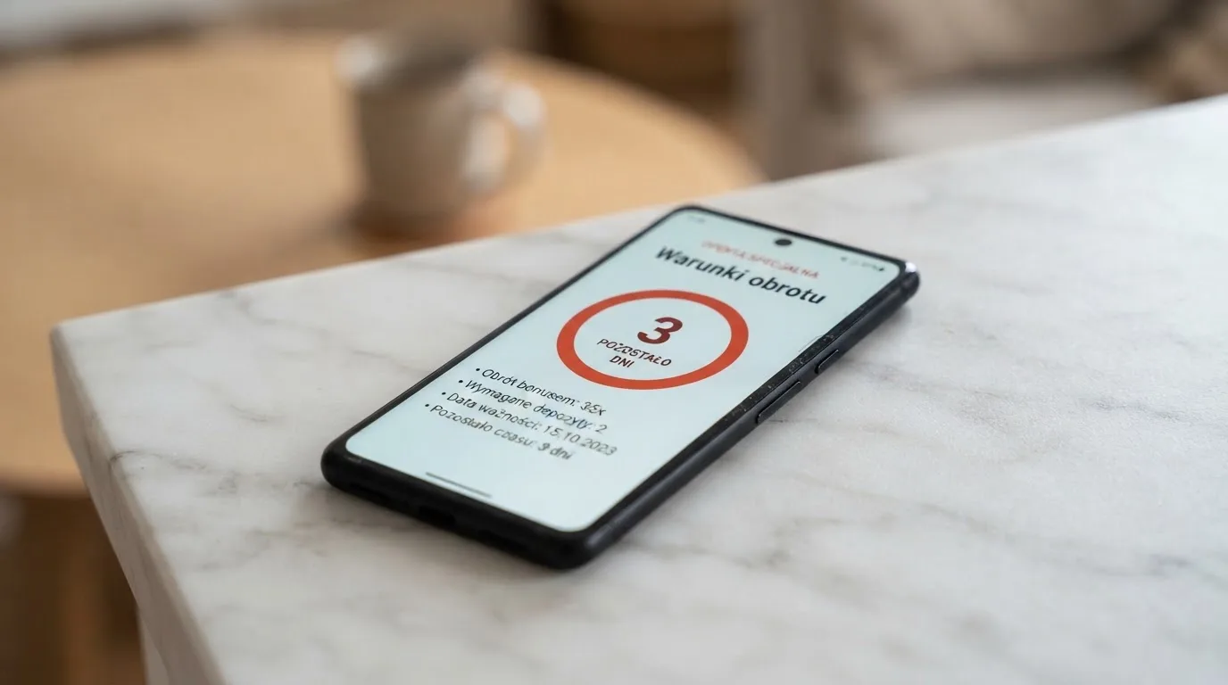 Zbliżenie na telefon z listą warunków promocji i licznikiem odliczającym dni do końca oferty