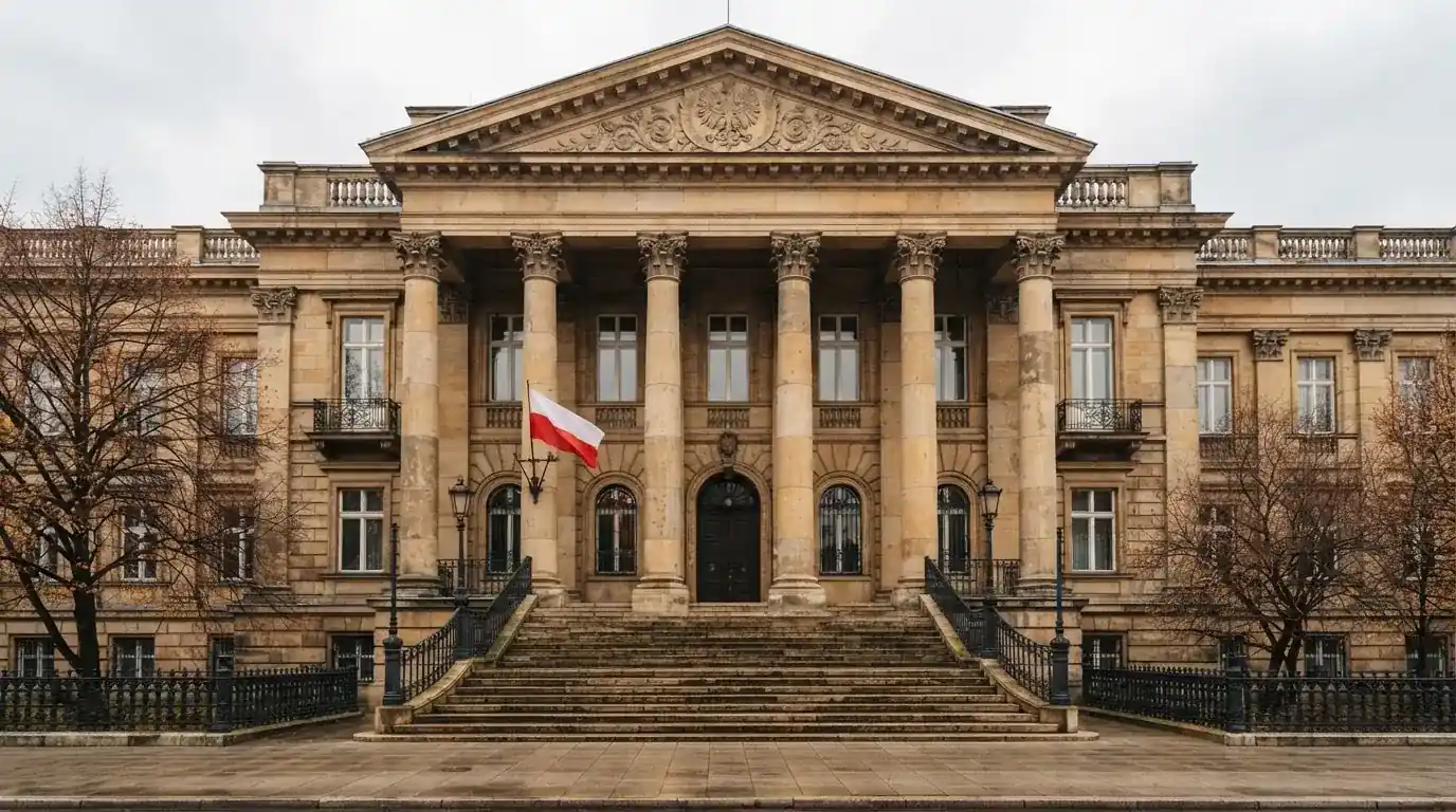 Fasada budynku instytucji państwowej z flagą Polski, symbol nadzoru regulatora nad rynkiem gier hazardowych
