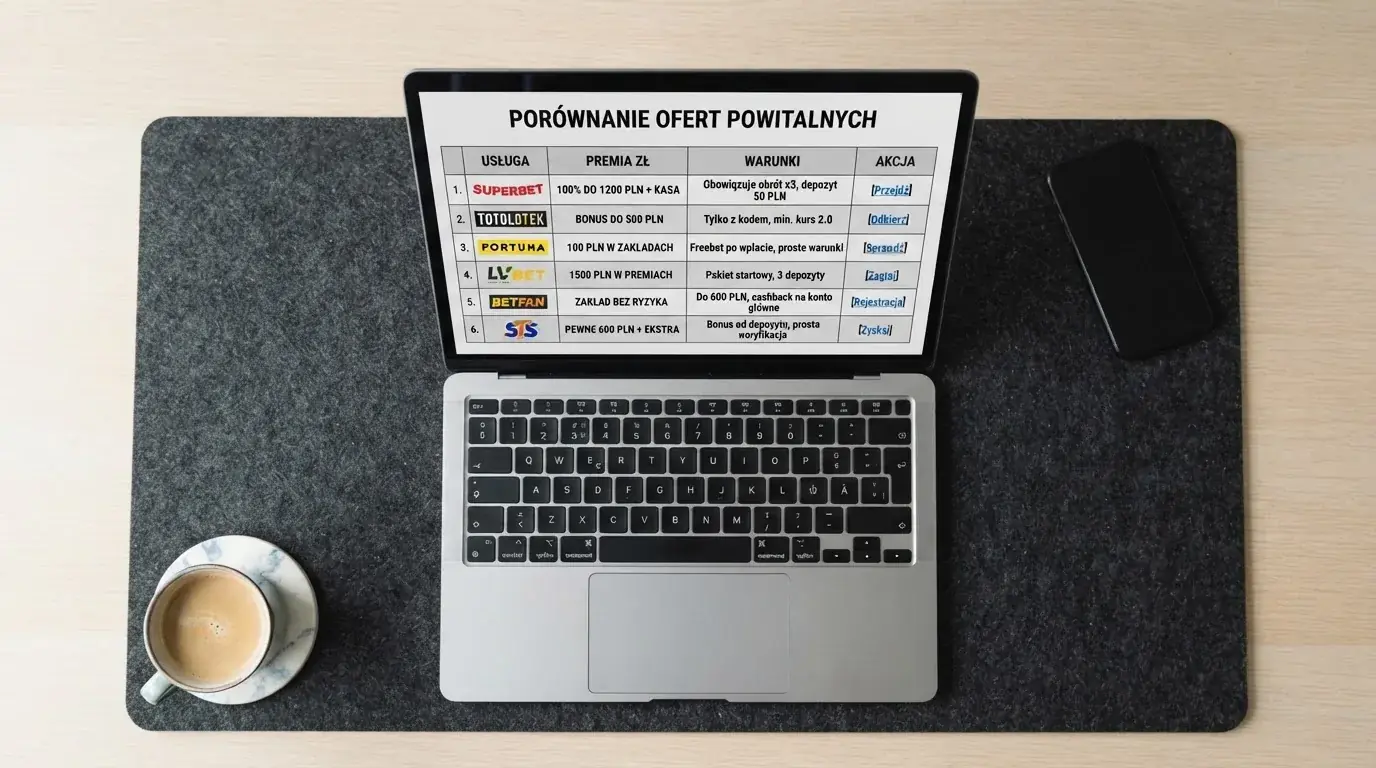 Widok z góry na laptop z otwartą tabelą porównawczą ofert powitalnych kilku serwisów kasynowych