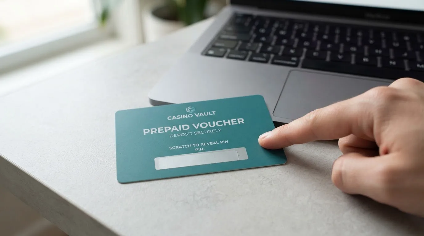 Karta przedpłacona Paysafecard z zasłoniętym polem kodu PIN obok klawiatury laptopa