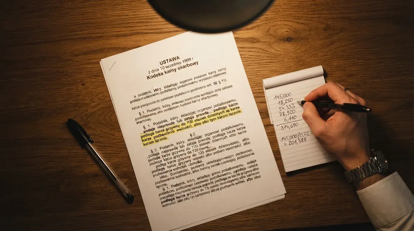 Wydruk kodeksu karnego skarbowego z zakreślonym artykułem obok kalkulatora i długopisu na biurku