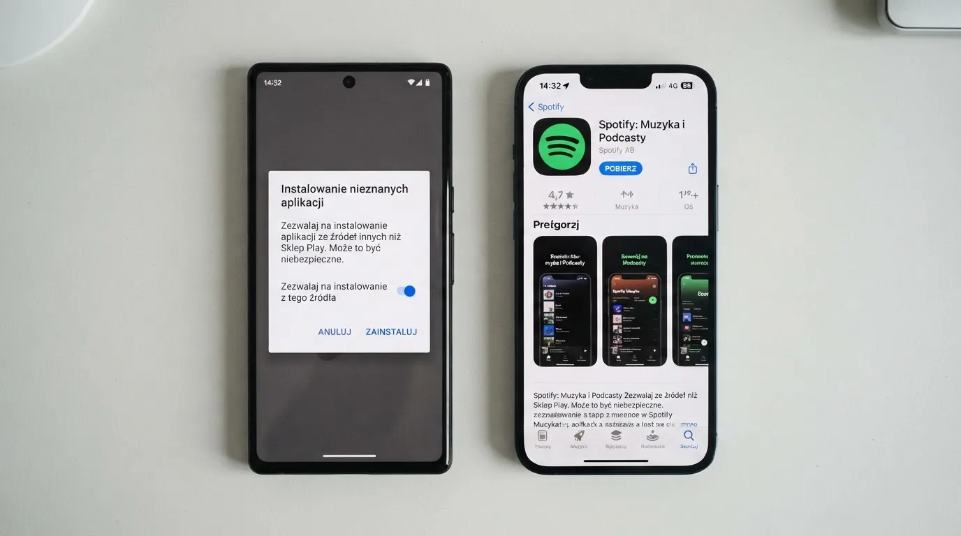 Dwa telefony obok siebie: na jednym komunikat zgody na instalację pliku APK z nieznanego źródła, na drugim strona aplikacji w sklepie z przyciskiem pobierania