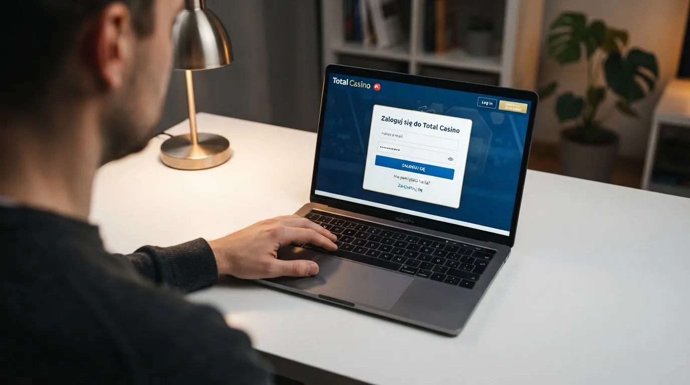 Strona logowania oficjalnej platformy Total Casino na ekranie laptopa, jedynego legalnego kasyna online w Polsce