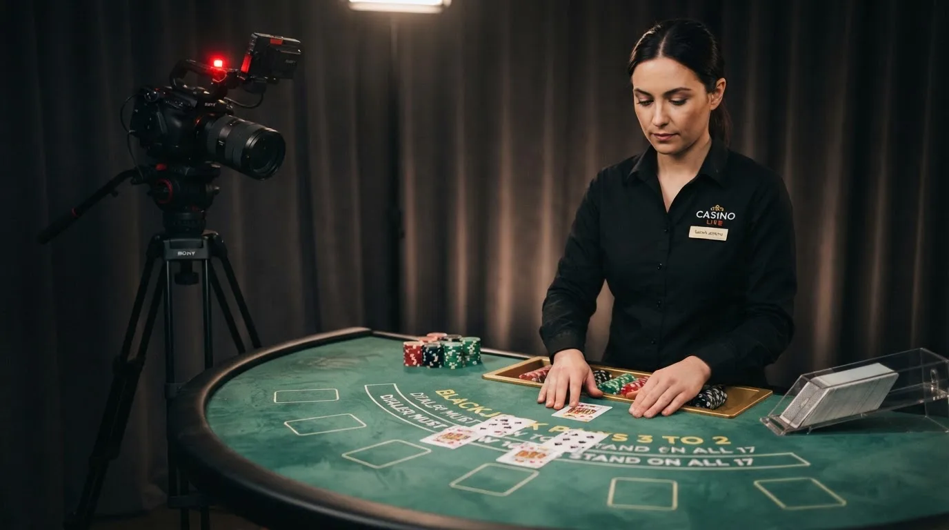 Krupier rozdający karty przy stole blackjacka podczas transmisji na żywo
