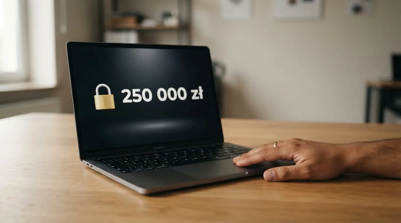 Laptop pokazuje prostą ikonę kłódki i jedną liczbę obok niej, dłoń spoczywa na biurku