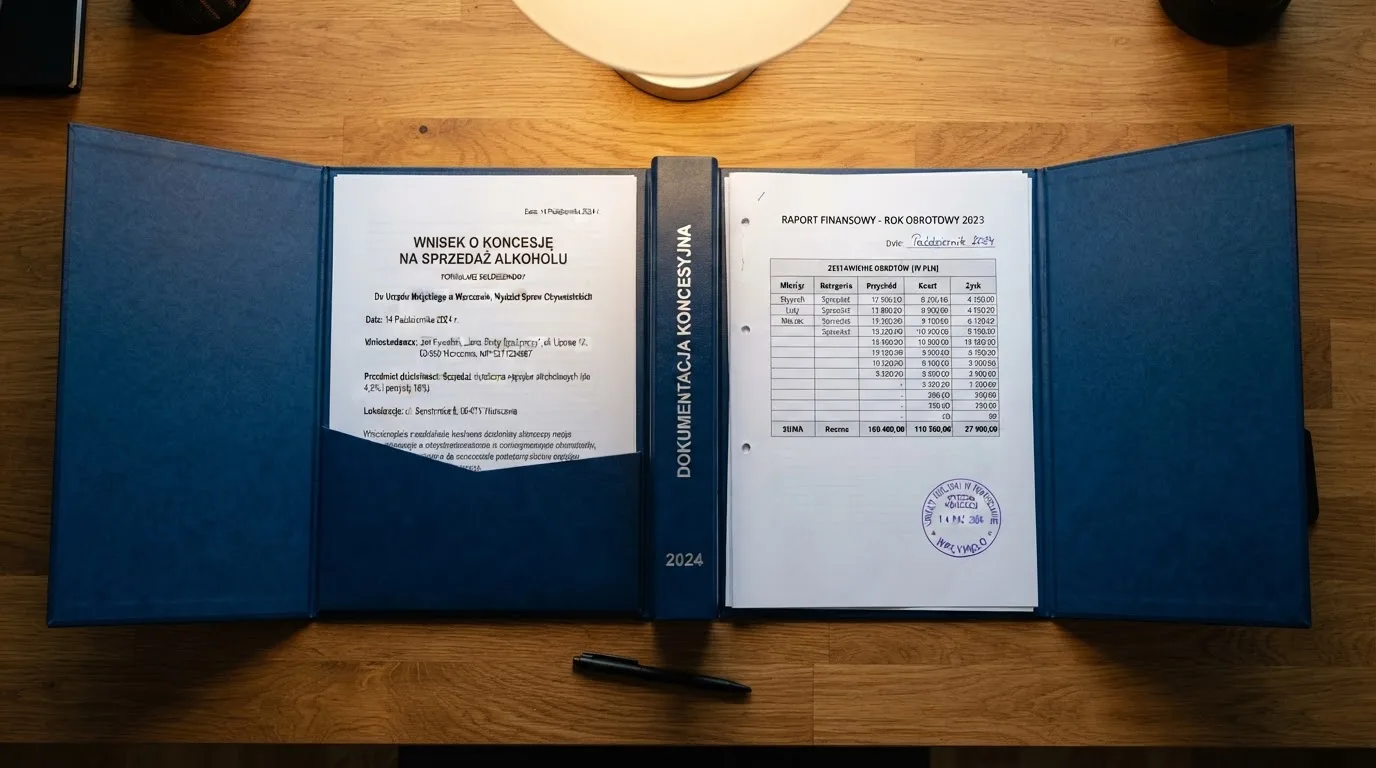 Segregator z wnioskiem o koncesję na kasyno gry, wydrukiem sprawozdania finansowego i urzędową pieczątką leżący na biurku