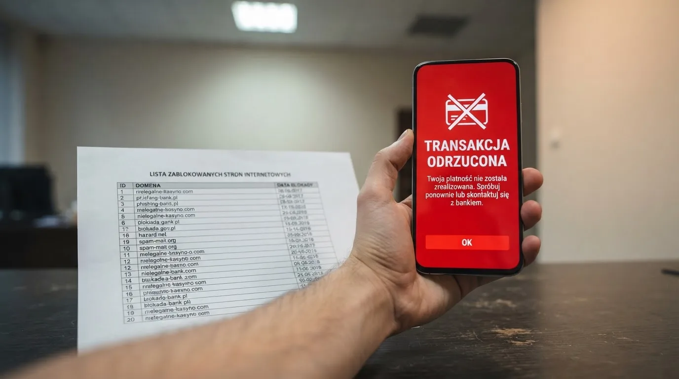 Telefon z komunikatem o odrzuconej płatności na ekranie, obok wydruk tabeli z listą zablokowanych adresów stron