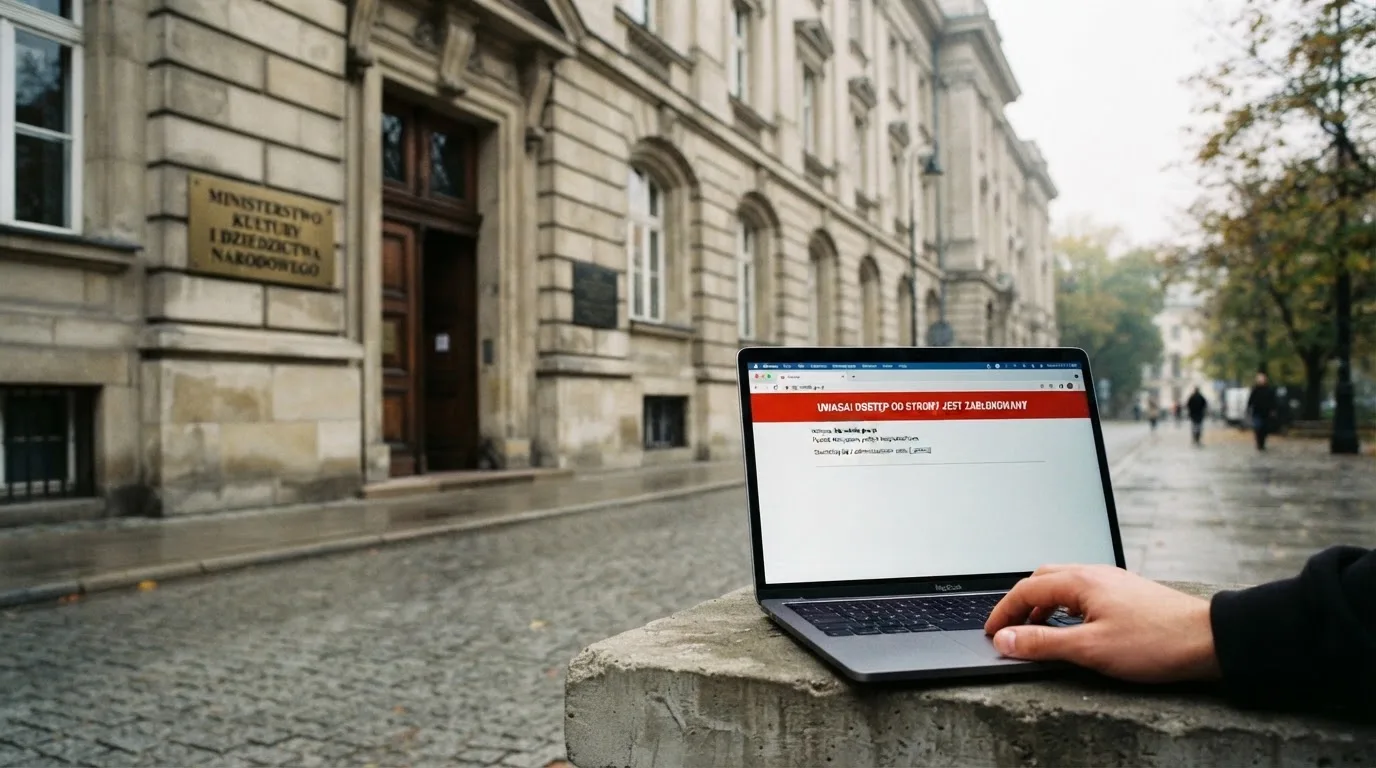 Budynek urzędu z tablicą ministerstwa, na pierwszym planie laptop z komunikatem o zablokowanej stronie kasyna