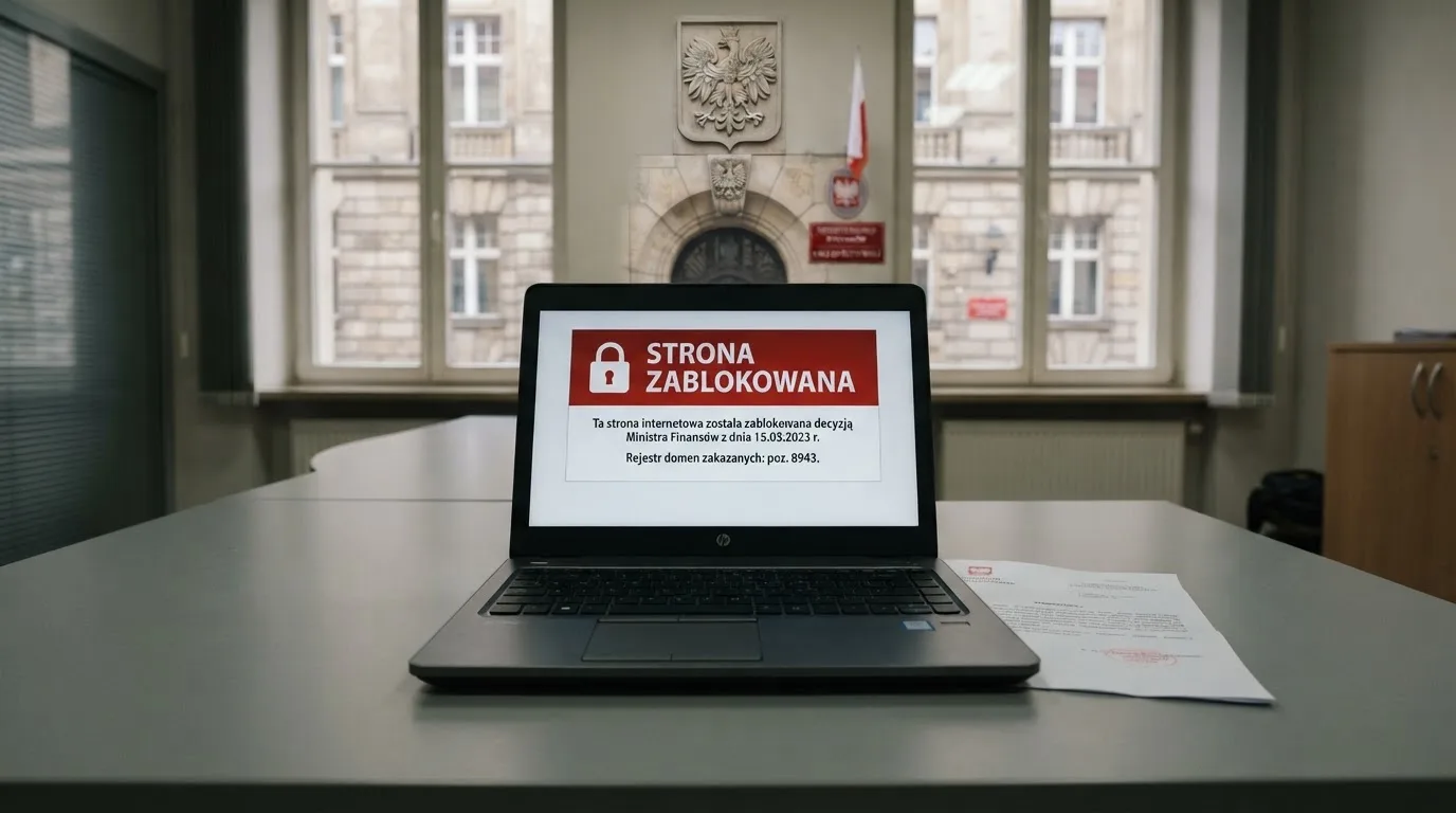 Laptop z komunikatem o zablokowanej stronie hazardowej, w tle budynek urzędu z tablicą ministerstwa