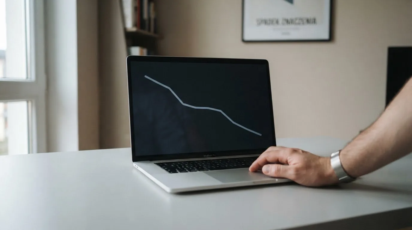 Laptop na biurku pokazuje prosty opadający wykres liniowy, dłoń spoczywa na gładziku