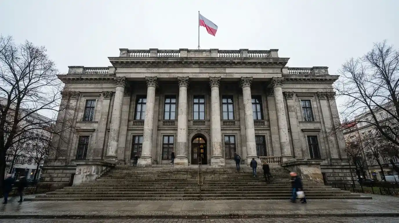 Budynek urzędu administracji państwowej z flagą Polski na maszcie w tle