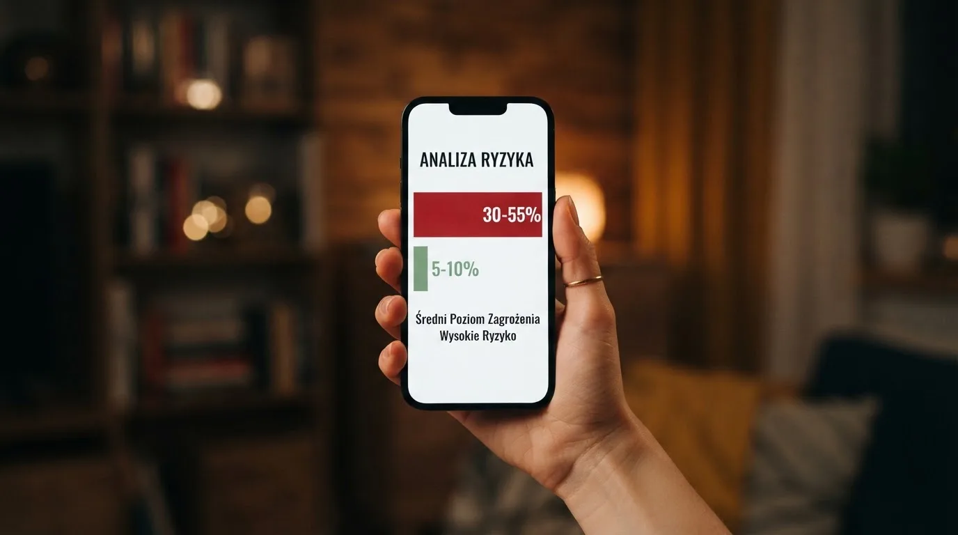Dłoń trzyma telefon z prostym podziałem procentowym na dwa kolorowe paski i jedną liczbą na ekranie
