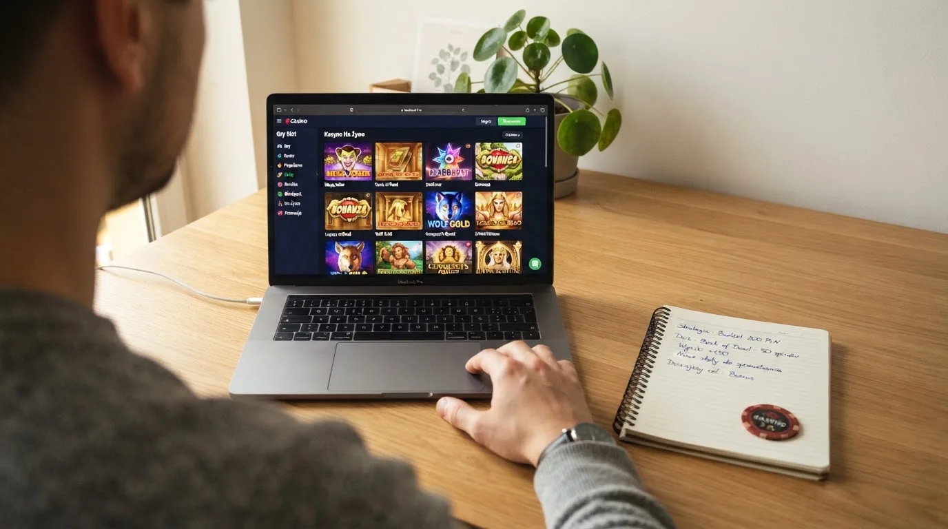 Ekran laptopa z tabelą porównawczą kilku serwisów kasynowych, bez widocznych logotypów marek