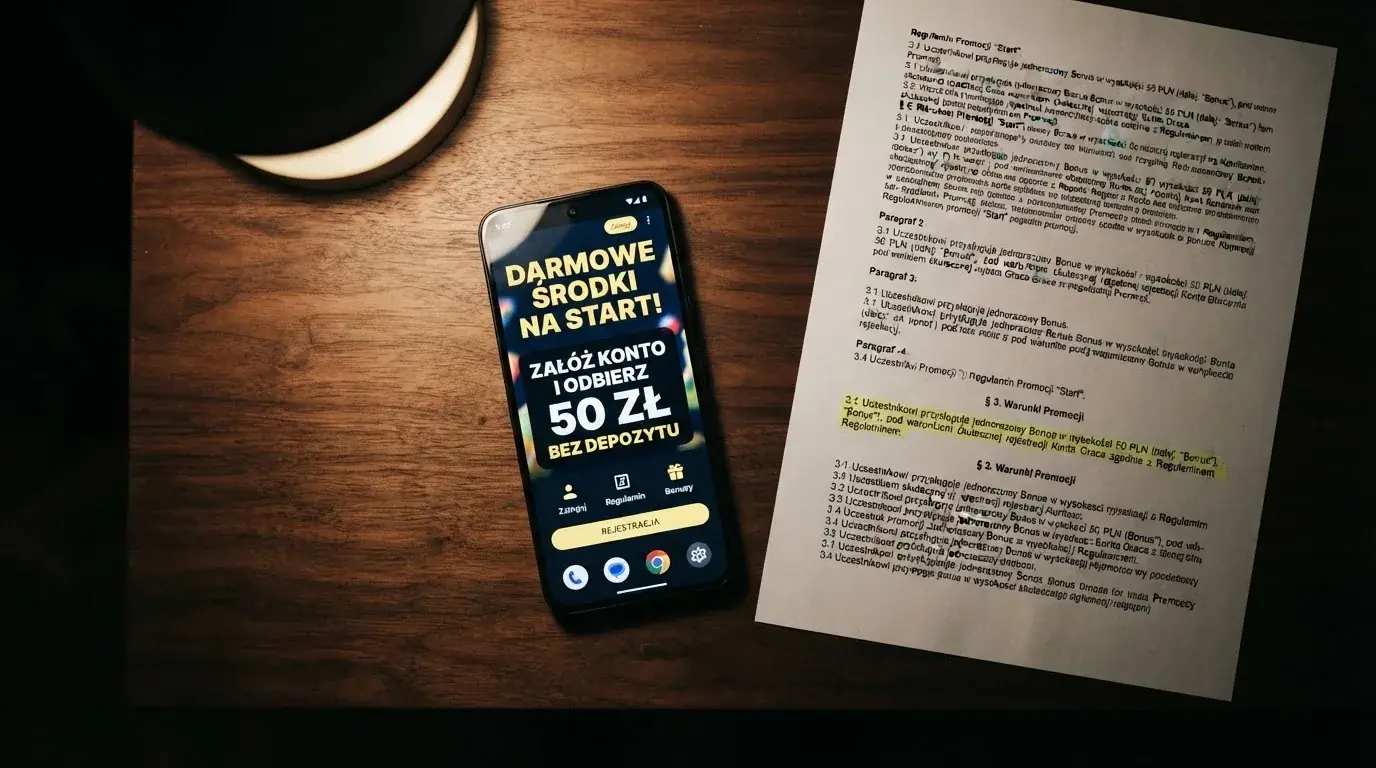 Telefon z banerem obiecującym darmowe złotówki za założenie konta, obok wydrukowany tekst ustawy o grach hazardowych z zaznaczonym artykułem
