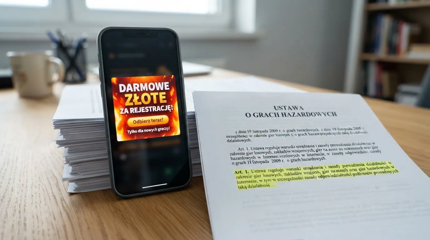Telefon z wyskakującym banerem obiecującym darmowe złotówki za rejestrację, obok wydruk ustawy o grach hazardowych