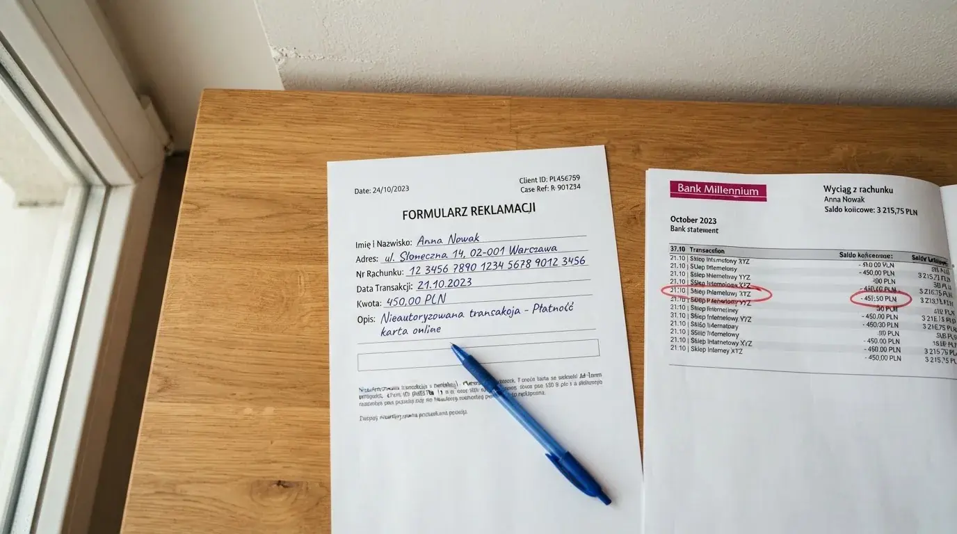 Wydrukowany formularz reklamacji leżący na biurku obok długopisu i wyciągu bankowego z zakreśloną pozycją