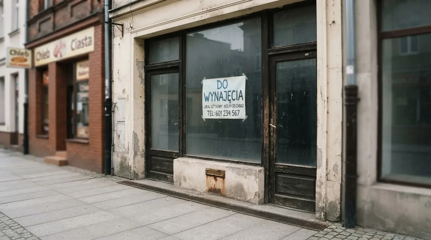 Pusty, zamknięty lokal handlowy z tabliczką „do wynajęcia”, symbolizujący brak działających salonów gry bingo pieniężne