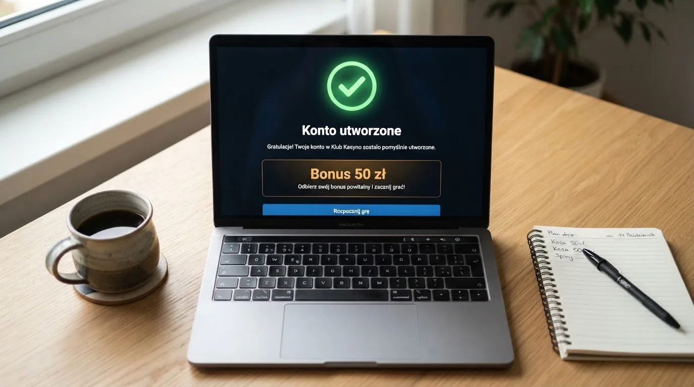 Ekran potwierdzenia założenia konta gracza w kasynie internetowym z komunikatem o bonusie startowym bez wpłaty