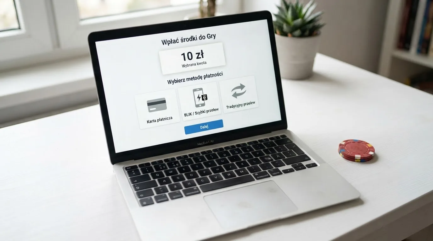 Laptop z otwartym oknem wpłaty na kwotę 10 zł i listą metod: BLIK, karta płatnicza, szybki przelew