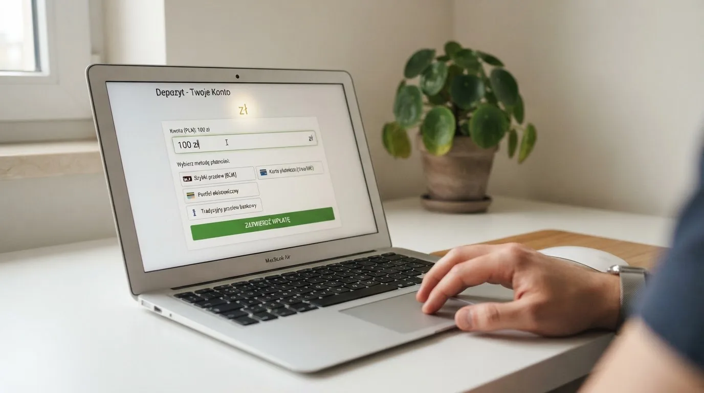 Laptop z oknem wpłaty na ePortfel, wpisana kwota 100 zł i lista metod: BLIK, karta płatnicza, szybki przelew