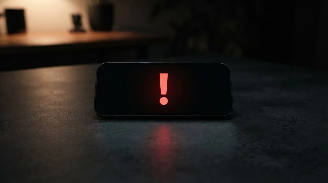 Smartfon leży na stole z prostym czerwonym wykrzyknikiem na ciemnym tle ekranu